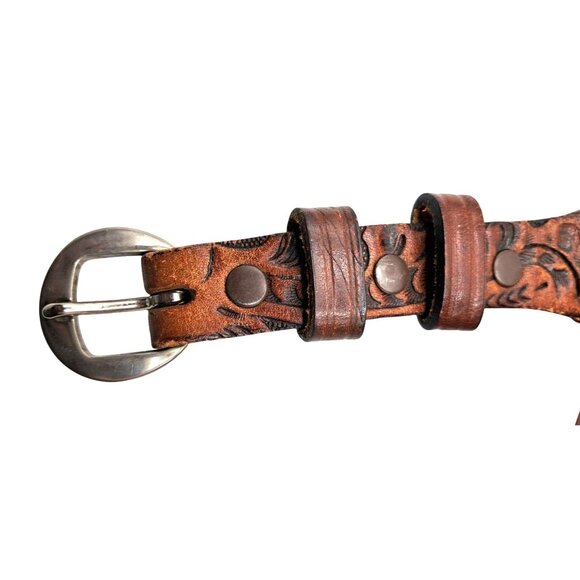Vintage Circle S Wester Tooled Leather Ranger Belt Size 32 Floral Oak Unisex - Picture 10 of 11